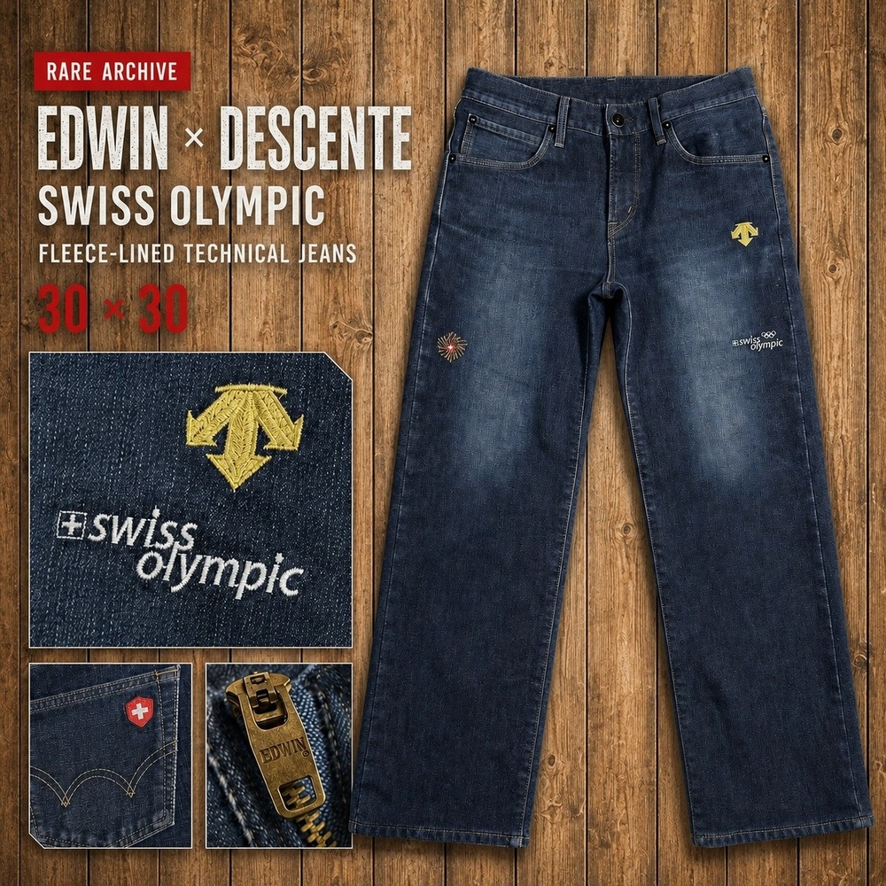 Edwin x Descente Jeans Mens 30x30 Swiss Olympic Fleece Lined Technical RARE